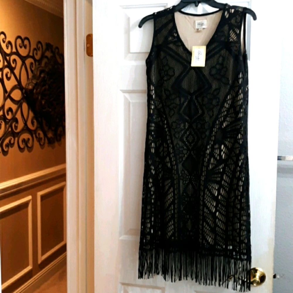 Beige by eci black dress with fringe. - Picture 9 of 10